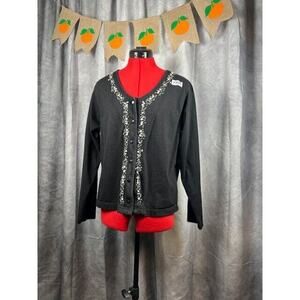 Newport News Black Enbroidery Long Sleeve Button Up Top 100% Cotton Size XL